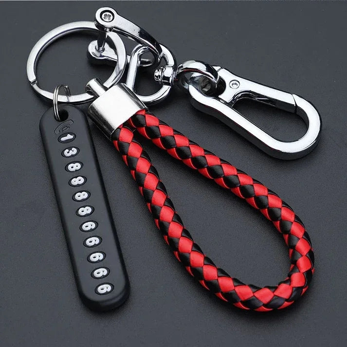 Car Key Chain Deluxe Leather Key Lanyard Cell Phone Number Card Pendant Anti-Lost Metal Buckle Car Key Decoration Accessories