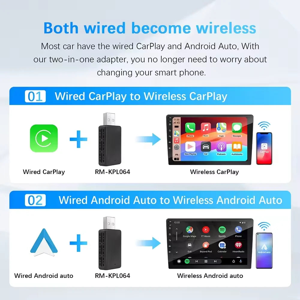 2In1 Wired To Wireless Carplay Android Auto Adapter for Volvo Mercedes-Benz Kia Chery Volkswagen Oem Car Audio Plug and Play