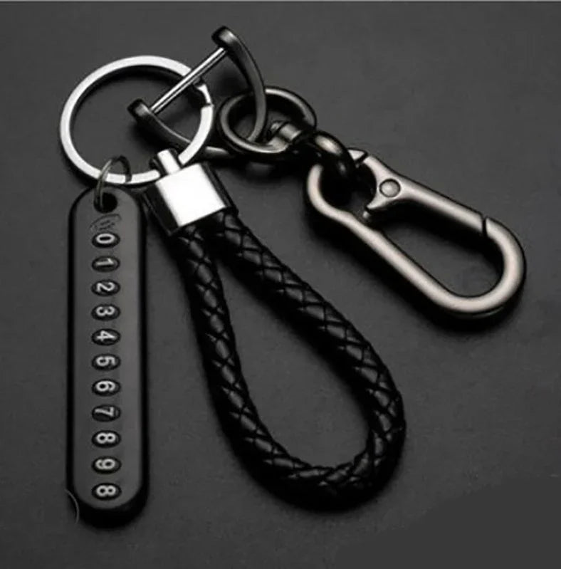 Car Key Chain Deluxe Leather Key Lanyard Cell Phone Number Card Pendant Anti-Lost Metal Buckle Car Key Decoration Accessories