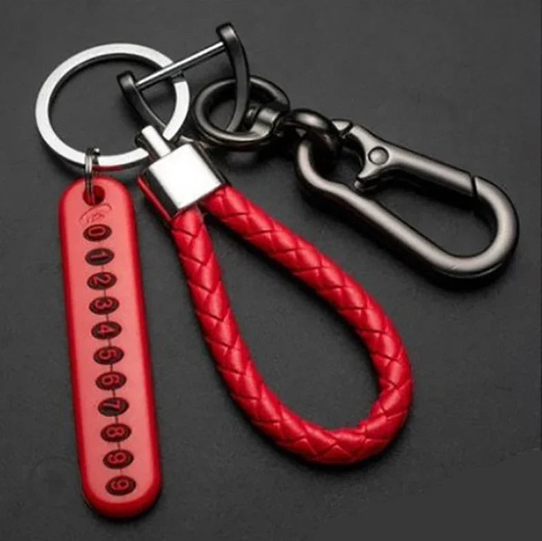 Car Key Chain Deluxe Leather Key Lanyard Cell Phone Number Card Pendant Anti-Lost Metal Buckle Car Key Decoration Accessories
